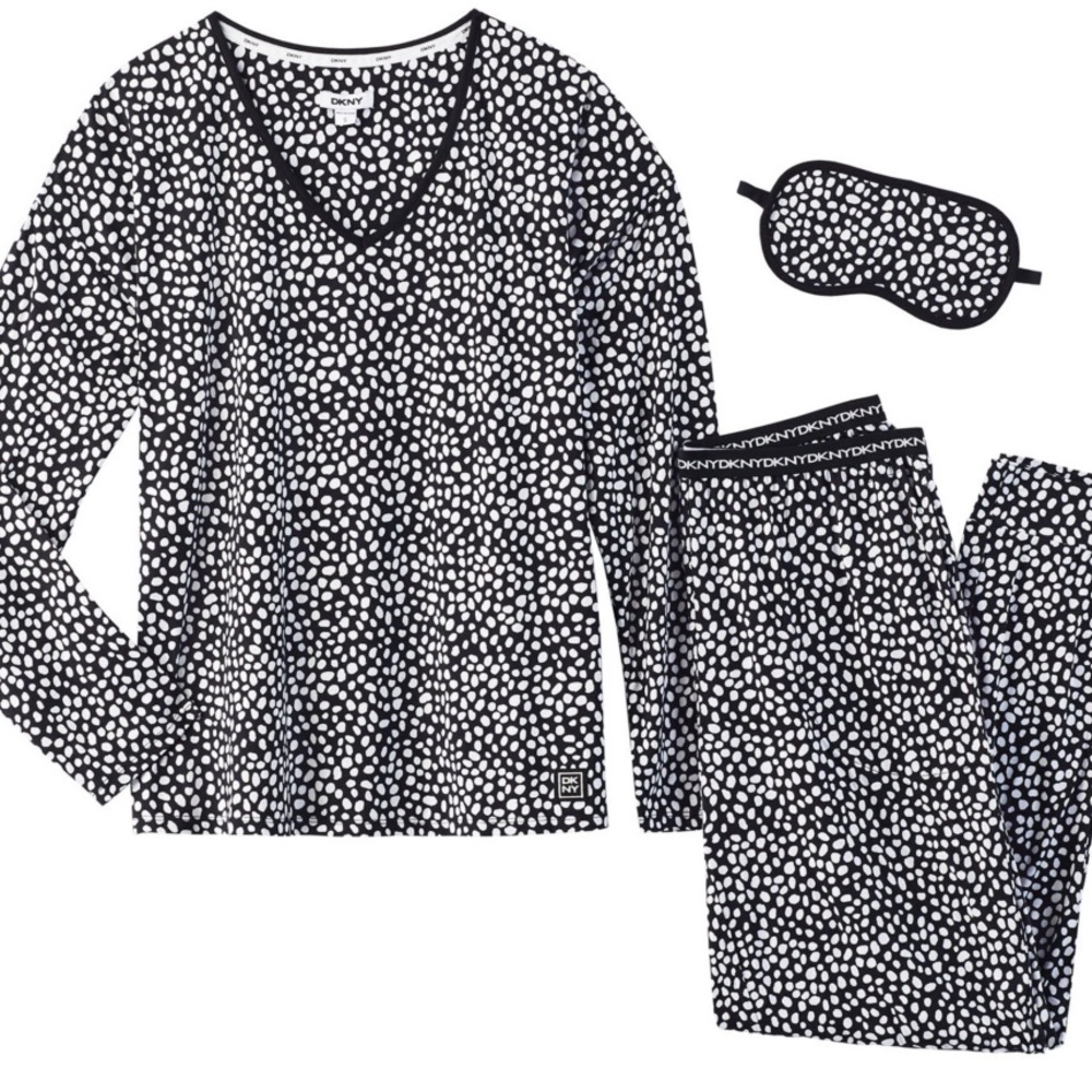 🆕NWT DKNY black white dot sleep jogger pajama set with eye mask, Size Large - Picture 2 of 8